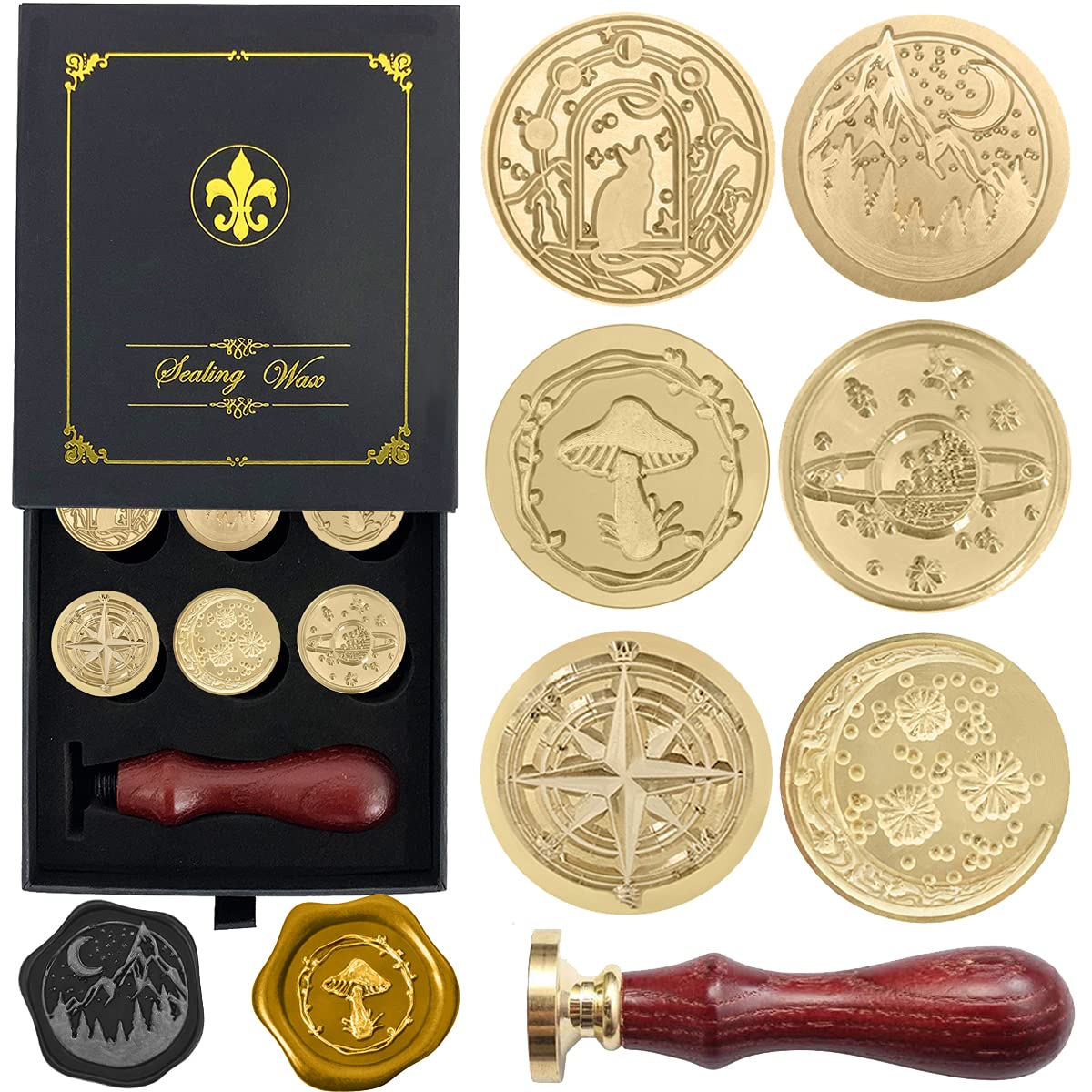 Wax Seal Stamp Hot Stamping Gift Box Set, 6 Pcs Sealing Wax Stamps Copper Seals 1 Wooden Hilt, Wax Stamp Kit for Cards Envelopes, Gift Packaging (Vast Universe Series)