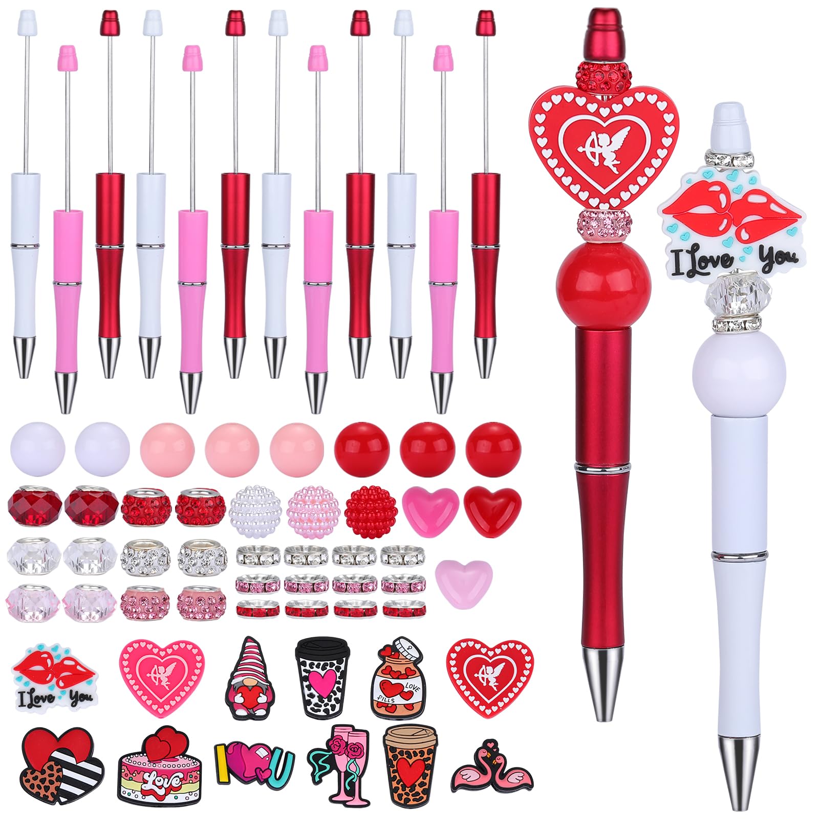 WEWAYSMILE 12pcs Plastic Bead Ballpoint Pen, Beadable Pens with Beads, Valentines Day DIY Gift School Office Supplies (pink)