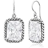 JEAN RACHEL JEWELRY 925 Sterling Silver Dangle Earrings for Women - Rope with Octagon Cubic Zirconia Vintage Design - Hypoallergenic, Lead & Nickel Free Jewelry - Artisan Handcrafted Statement Earrings
