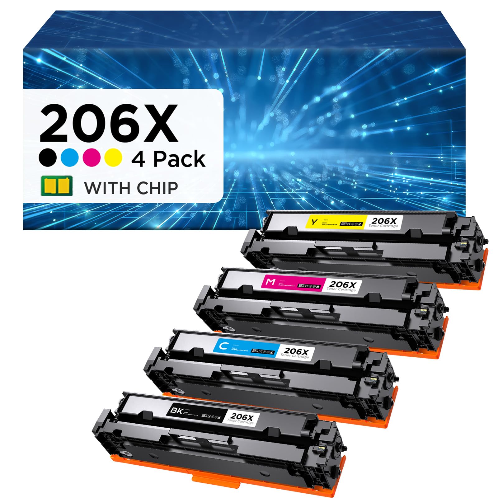 Photo 1 of 206X High Yield Toner Cartridges (with Chip) Compatible with HP 206X 206A W2110X W2110A for HP Color Pro MFP M283cdw M283fdw Pro M255dw M255nw M282nw M283 M282 M255 Printer (4 Pack, BK/C/M/Y)