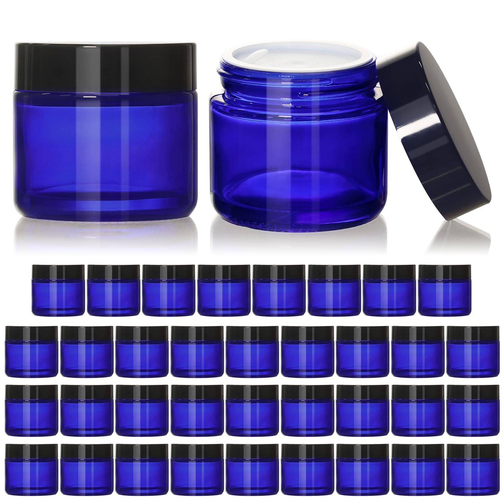 Photo 1 of ***LIKE NEW/OPEN BOX***
KEYWING 2oz Small Glass Jars with Black Lids, 35 Pack Blue Round Glass Cosmetic Jars with Inner Liners for Cream, Lotions, Powders and Ointments