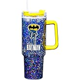 Spoontiques Batman 40oz Glitter Acrylic Travel Mug - Double Wall Acrylic with Sliding Lock Travel Lid and Straw - 11" Tall