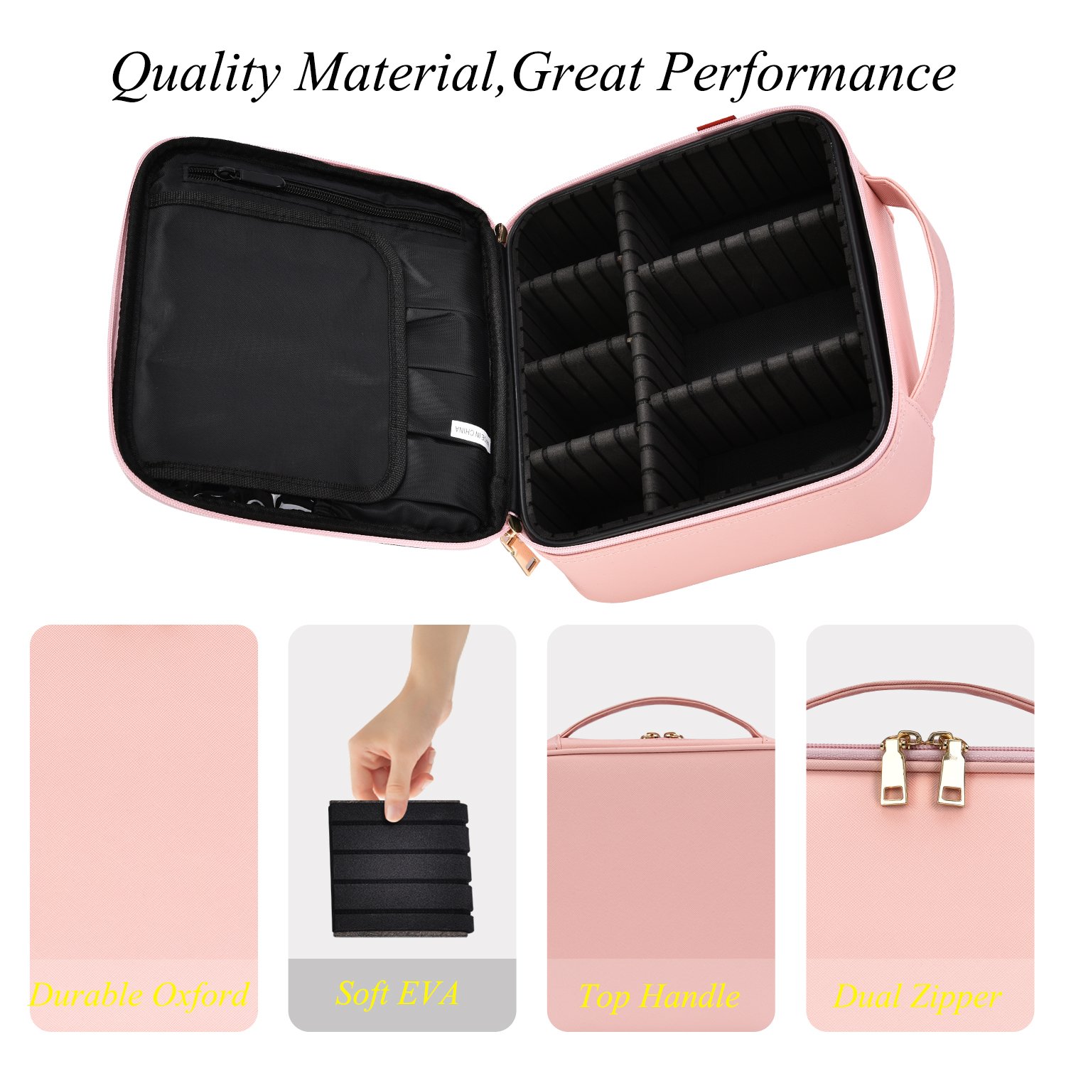 NiceEbag Makeup Bag Travel Cosmetic Bag for Women Cute Makeup Case Large Leather Cosmetic Train Case Organizer with Adjustable Dividers for Cosmetics Make Up Tools Toiletry Jewelry, Rose gold : Beauty