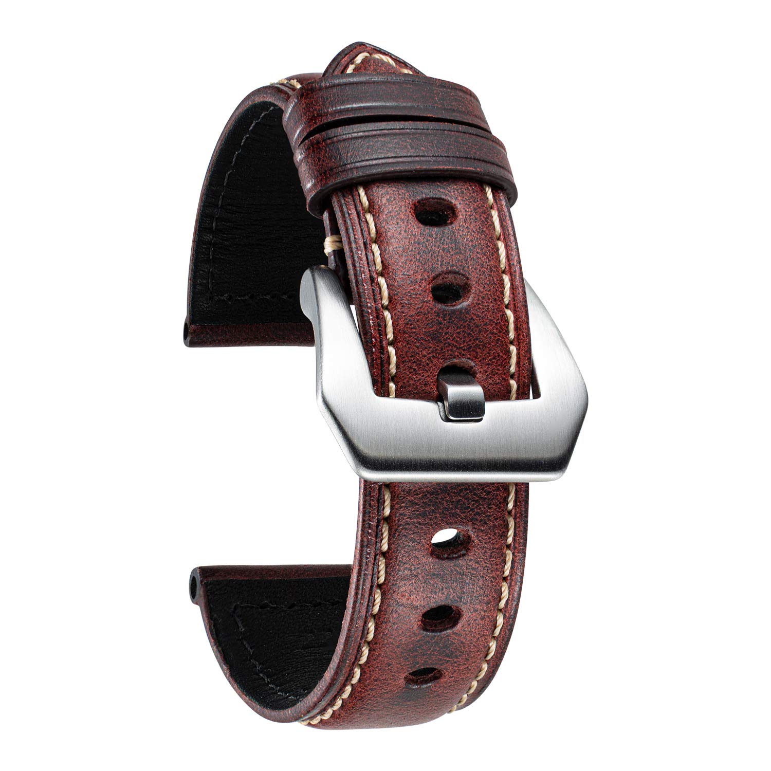 BINLUN Retro Leather Watch Strap for Men 18mm 20mm 22mm 24mm 26mm Handmade Oil Waxed Leather Strap Replacement Vintage Watch Band Stainless Steel Buckle(Wine Red/Silver Buckle,20mm)
