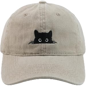 Peeking Black Cat Embroidered Washed Baseball Cap, Adjustable Vintage Dad Hat for Cat Lovers Unisex