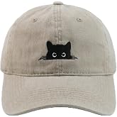 Peeking Black Cat Embroidered Washed Baseball Cap, Adjustable Vintage Dad Hat for Cat Lovers Unisex