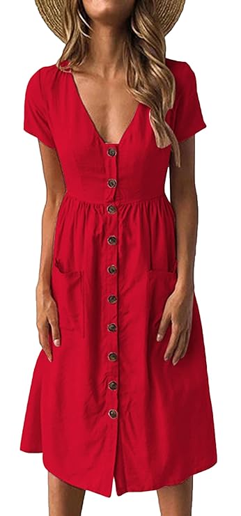 Snone Damen Kurzarm Leinenkleid Lange Baumwolle Kleider Sommerkleid V Ausschnitt mit Knopf Einfarbig Sommerkleid A-Linie Groß Leinenkleid Baumwollleinen Kleid