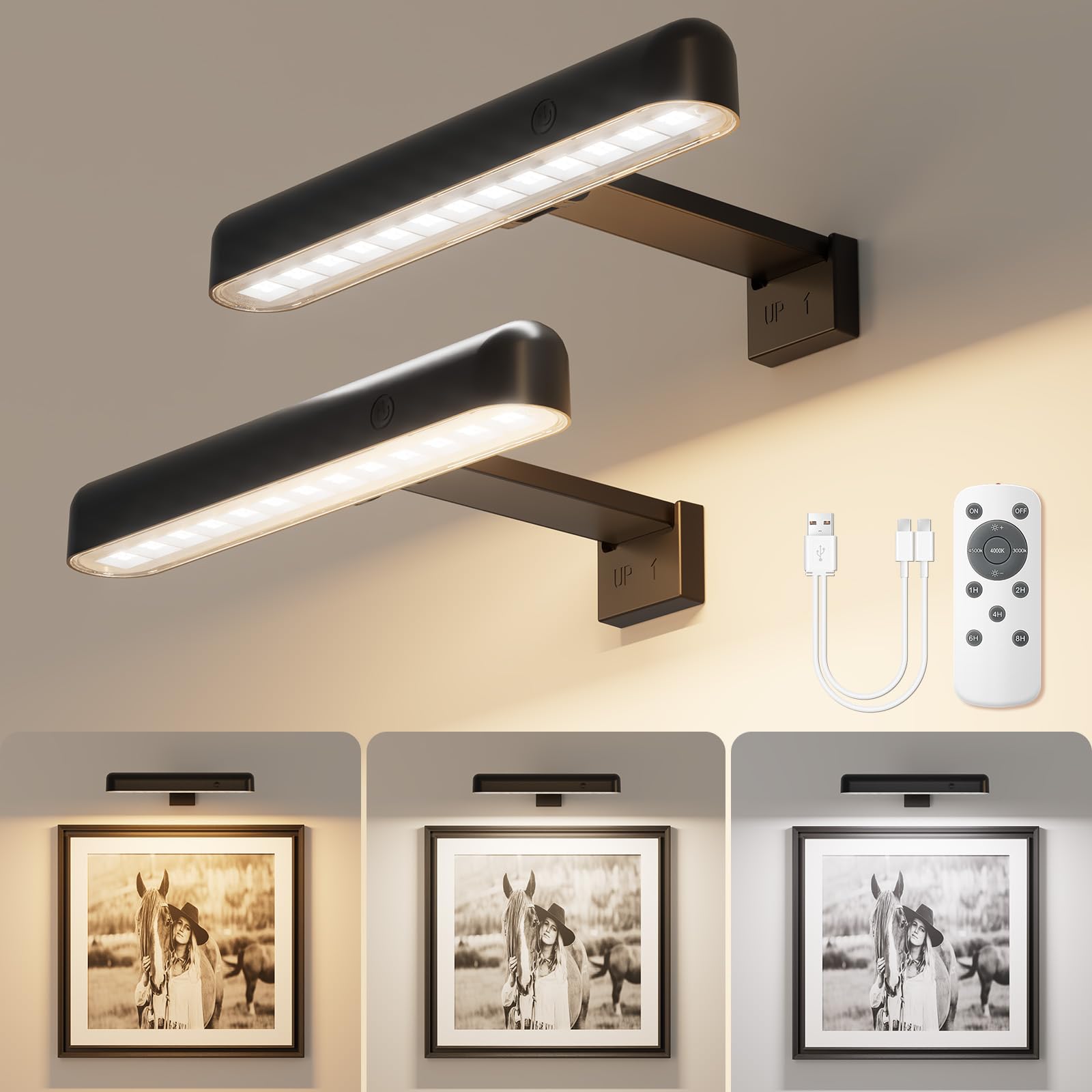 Photo 1 of VOLISUN Picture Lights for Wall, Rechargeable Picture Light Battery Operated, 3 Color Temperatures Cordless Picture Light with Remote, Art Lighting for Paintings, Gallery, Portrait, 2 Pack (Black)