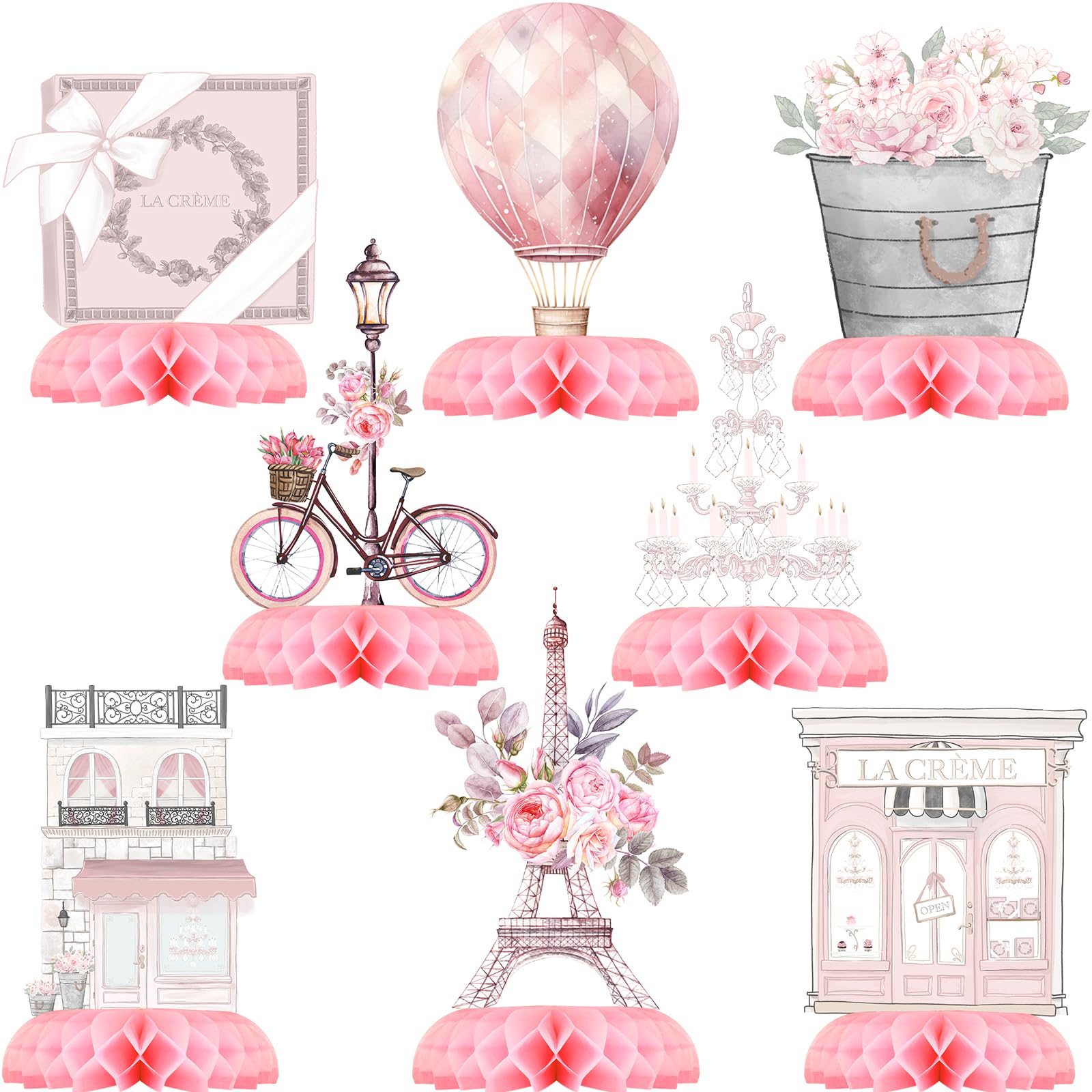 Photo 1 of Paris Party Centerpiece Set - Eiffel Tower Honeycomb Paris Birthday Decorations and Paris Table Toppers for Kids' French-Themed Birthday and Baby Shower Table Decor