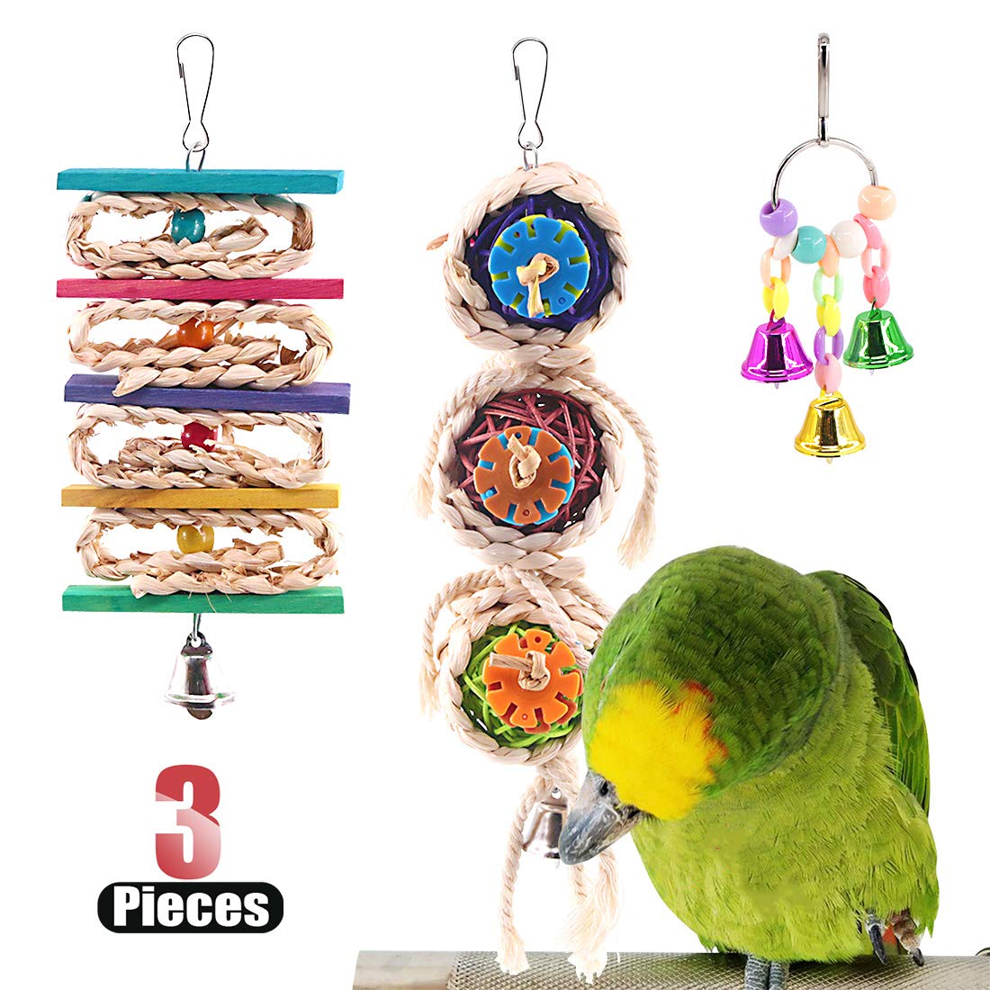Hilitchi 3 Pack Bird Toys Set, Hanging Bells, Rattan Balls and Twisted String for Parrots, Parakeet, Conure, Cockatiel, Mynah, Love Birds Small Parakeet Cages Decorative Accessories
