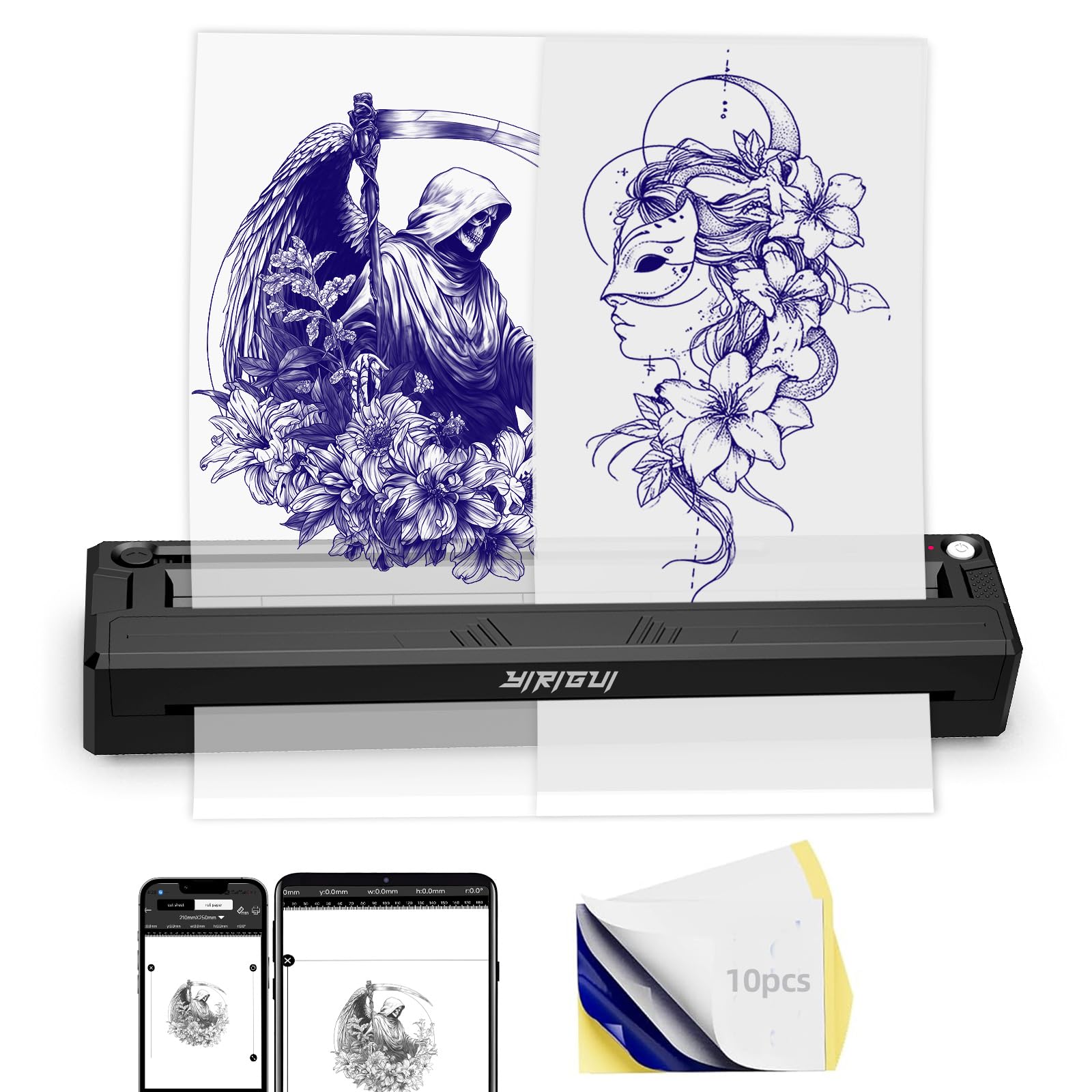 Photo 1 of New Tattoo Stencil Printer - Fits A4-A8 Width Thermal Paper, Portable Wireless Bluetooth Thermal Tattoo Kit, Includes 10 Transfer Papers, for Artists & Beginners, Phones/Tablets/PC - Bright Black