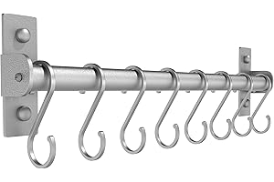 Dseap Kitchen Utensil Holder Hanger, Pot and Pan Rack wall mounted, Kitchen Rail with 8 Hooks for Hanging Cooking Utensils, Mugs, Spoons, Wall Mounted, Silver