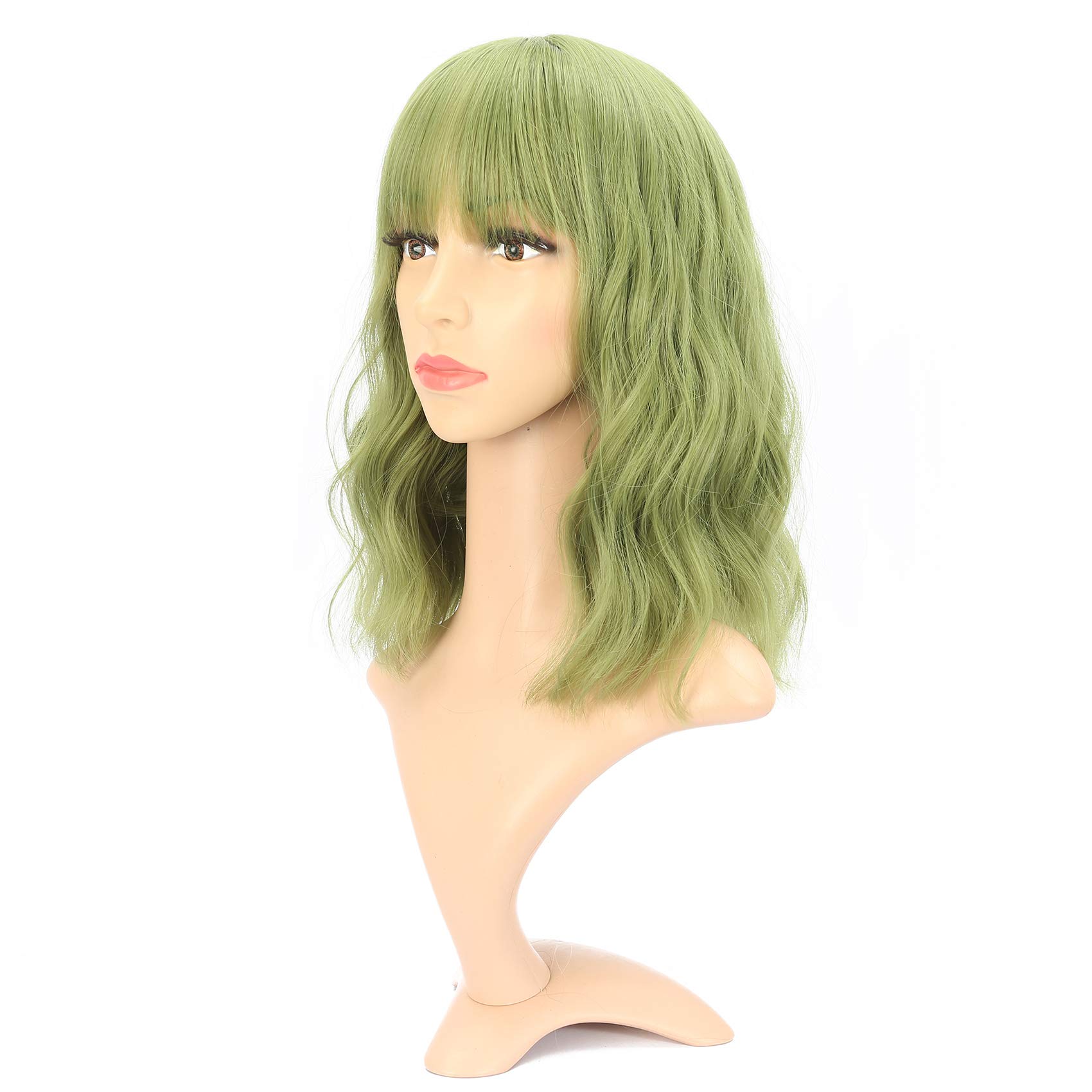 VCKOVCKO Short Bob Wavy Wig With Air Bangs Matcha Green Women's Shoulder Length Wigs Curly Synthetic Cosplay Bob Wig for Girl Colorful Wigs(12", Matcha Green)