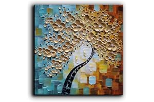 Tyed Art-24x24 Inch Golden Flower Tree Paintings 3D Abstract Paintings Oil Hand Painting On Canvas Wood Inside Framed Ready to Hang Wall Decoration for Living Room Bed Room