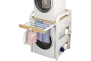 HIYOUGO Washer Dryer Stacking Rack, Drum Washing Machine Cabinet, Over The Washer and Dryer Storage Shelf, Washing Machine Storage Rack Stand with Hidden Shrink Rod, 24.4”W x 24.4”D x 35.4”H, White