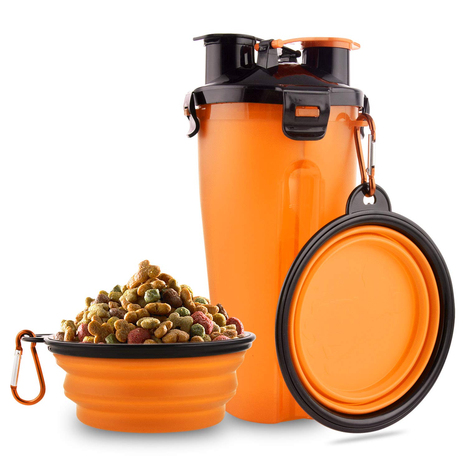 MATT SAGA 800 ml Dog Water Bottle and Food Bottle 2-in-1 with 2 Foldable Dog Travel Bowls Portable Dog Water Bowls for Walking, Hiking and Travel (Orange)