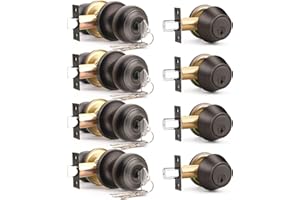 Brotima 4 Pack Keyed Alike Front Door Knob and Deadbolt Set, Entry Door Locksets with Single Cylinder Deadbolt, Oil Rubbed Bronze Flat Round Door Lock Set for Bedroom/Office/Exterior Doors