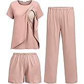 Ekouaer 3 PCS Maternity Nursing Pajamas Set Postpartum Breastfeeding Short Sleeve Shirts, Pregnancy Shorts & Pants Pjs S-XXL
