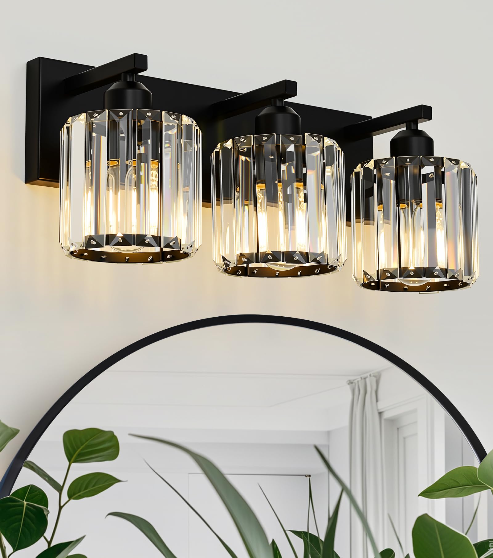 Photo 1 of Azxgb Black Vanity Lights 3 Lights Crystal Wall Sconces Modern Bathroom Sconce Above Mirror 20in Hallway Lamp for Bathroom Living Room Bedroom (3pcs Non-dimmable E26 Bulbs Included)