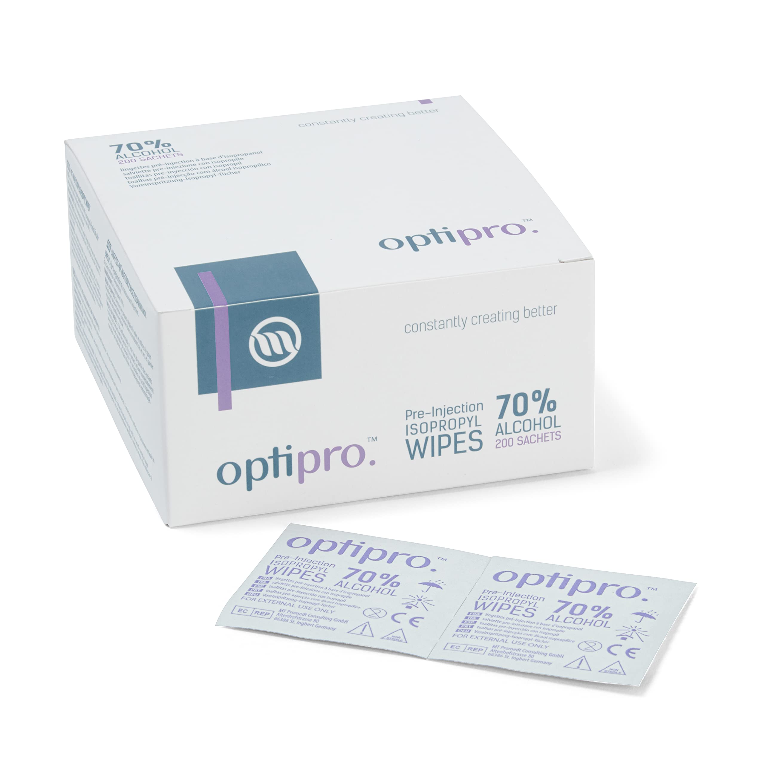 OptiPro Pre-Injection Wipes (x200) - Individually Wrapped Disposable Medical Skin Cleaning Easy-Tear 70% Isopropyl Alcohol Sachet (Packaging May Vary) (200 Wipes)
