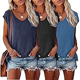 LOOKFACE 3 Pack Womens Cap Sleeve Tops V Neck T Shirts Casual Spring Summer Beach Vacation Fashion Basics Tee Clothes