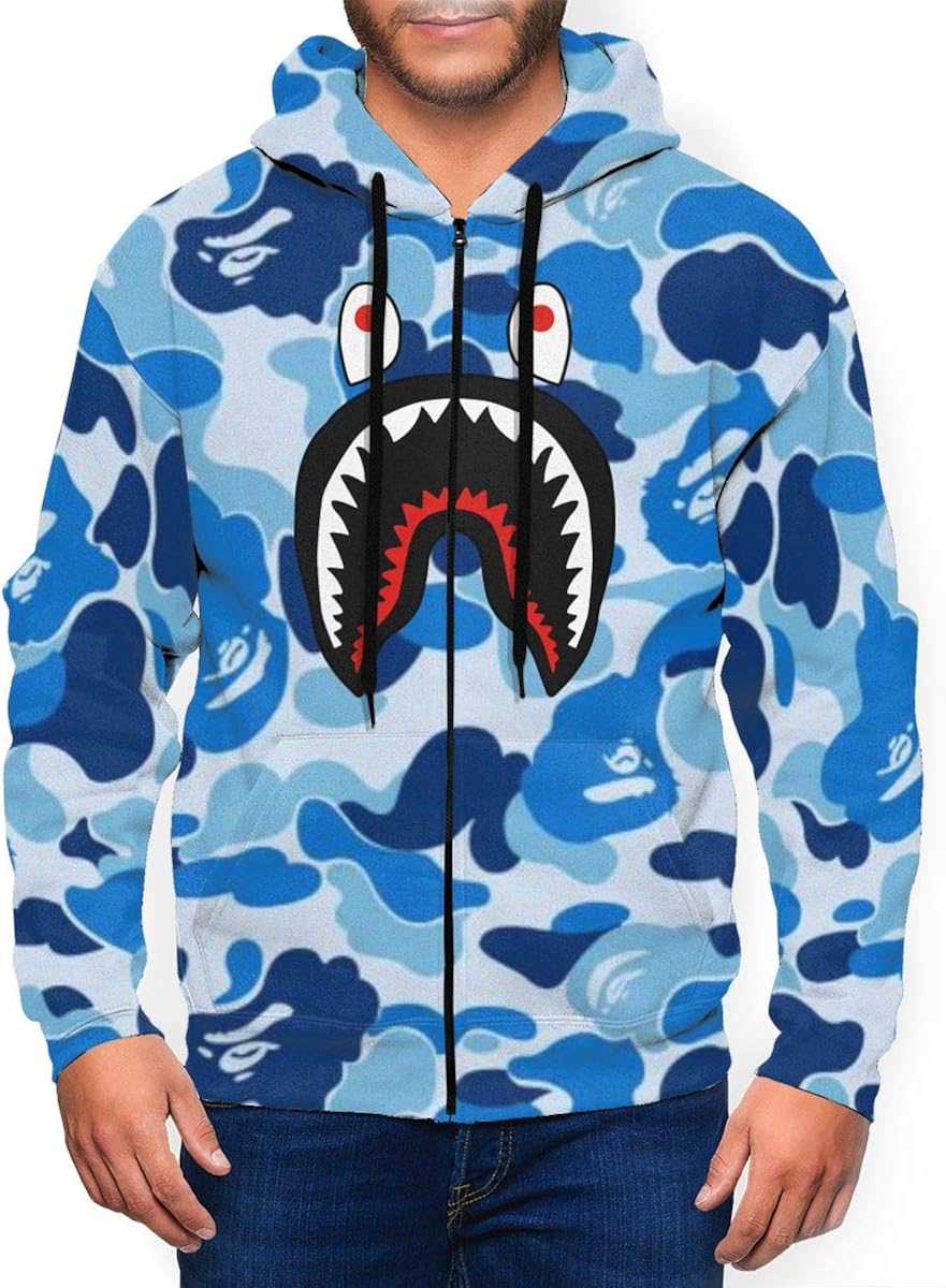 Fashion Shark Gray Camo Men's 3D Print Zip Up Hoodie Casual Pullover Hooded Sweashirt Jacket Pockets