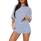 Yousify 2 Piece Sweater Set for Womens Summer Short Sleeve Tops Striped Matching Shorts Lounge Sets S-2XL