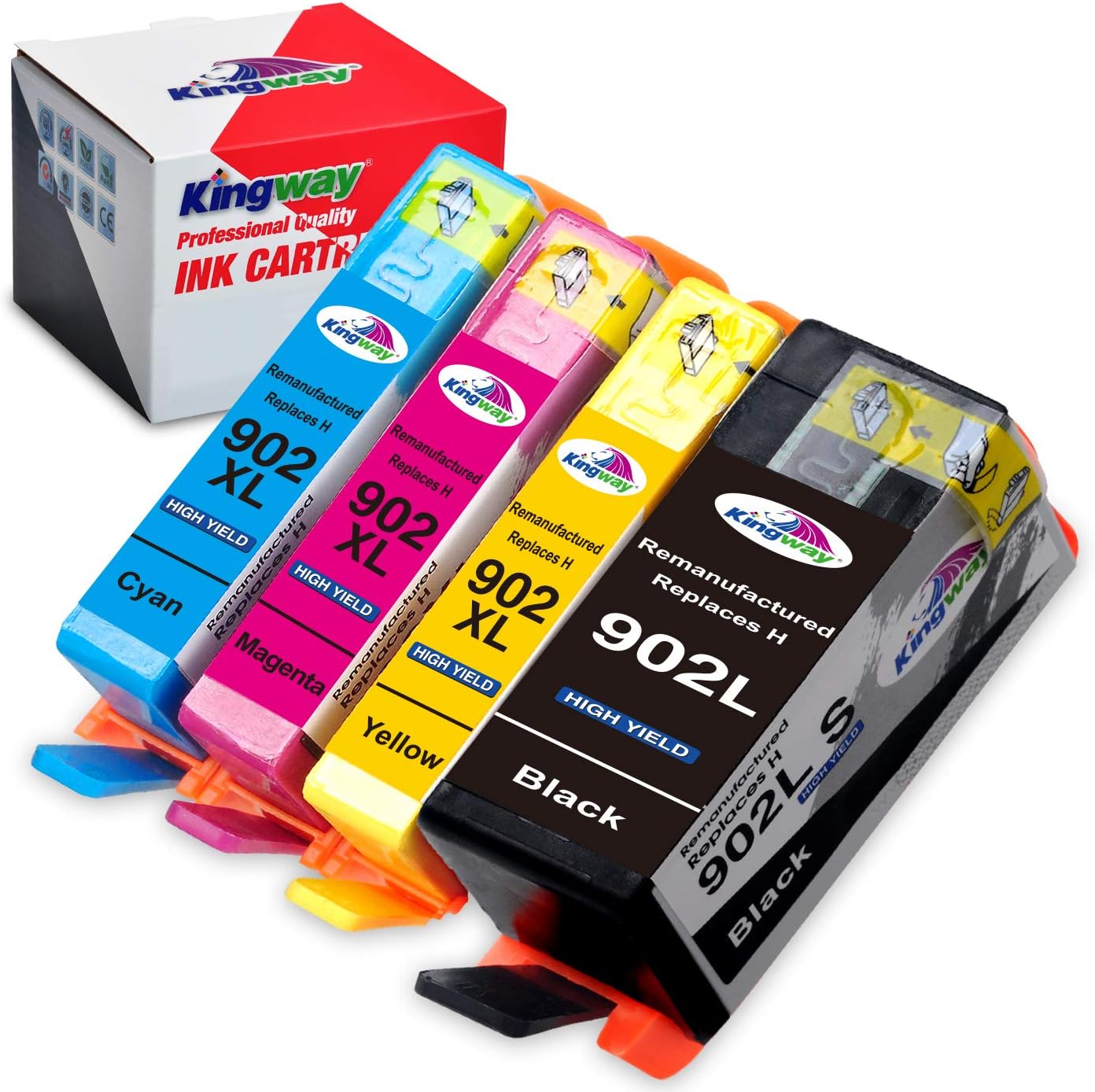 Kingway Remanufactured Ink Cartridge Replacement for 902 XL Work with OfficeJet Pro 6954 6978 6960 6962 6968 6975 Printer 4 Pack(1 Black,1 Cyan,1 Magenta,1 Yellow)