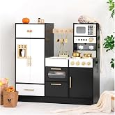 Black Wooden Play Kitchen with Tall Toy Fridge and Modern Home Style | A Microwave, Coffee Station, Ice Dispenser, Clicking Knobs and 12 Accessories Support Cooking, Serving and Storage, Ages 3+