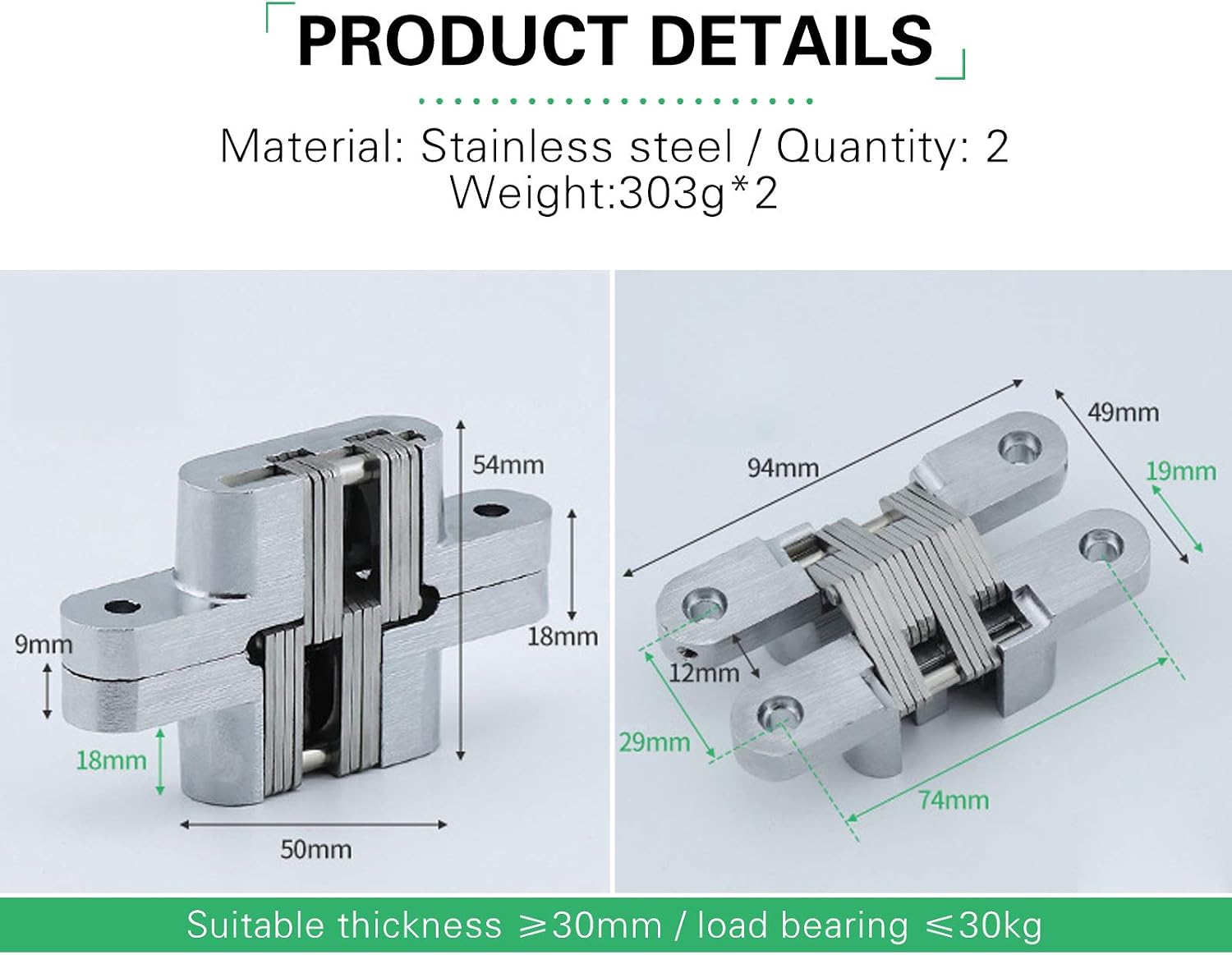 DMGARDEN 2 pcs Thickened Zinc Alloy and Stainless Steel Lifting Hinge,Removable Rising Handed Lift Off Door Hinge,180 Degree Invisible Folding Door Cross Hinge(94x54x19mm) - Image 3