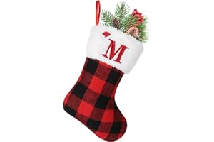 YOIRRAT 8inches Initial Monogram Christmas Stocking Red Buffalo Plaid Christmas Stocking with Embroidered Letter Personalized Mini Christmas Stocking White Plush Xmas Stocking for Xmas Tree Fireplace Decor(M)