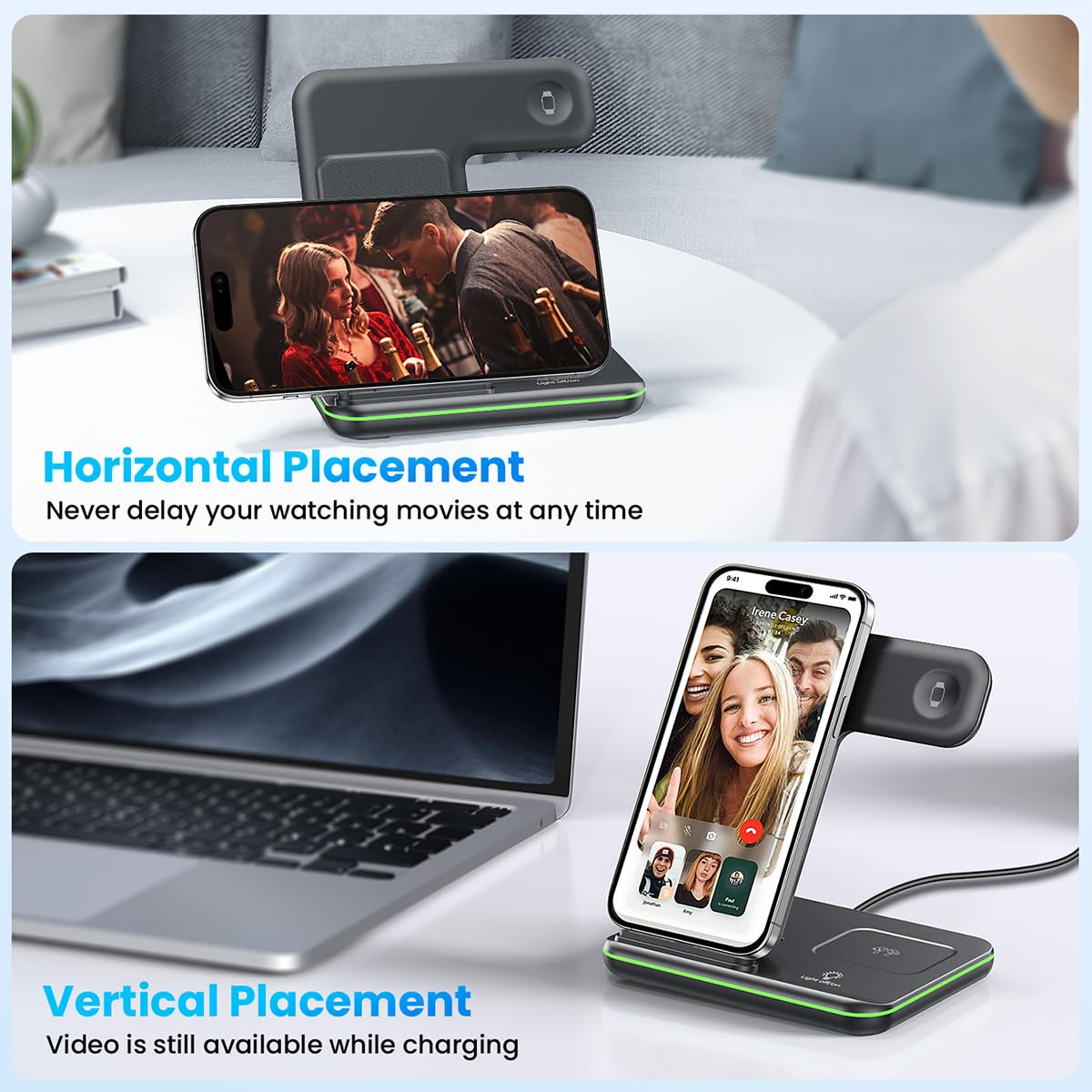 WAITIEE Wireless Charger for iPhone 16 15 14 13 12 11 X 8, 3 in 1 Charging Station for Apple Watch 10/9/8/7/6/5/4/3/2/SE/Ultra/Ultra 2 & for AirPods 4/3/2/Pro/Pro 2 (Black)