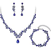 BriLove Bridal Jewelry Set for Women,Shiny Rhinestone Teardrop Leaf Cluster Statement Necklace Dangle Drop Earrings Link Bracelet for Wedding Party Prom Accessories
