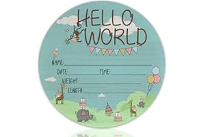 CLHHM Hello World Birth Announcement 6" Round Birch Wood Newborn Sign for Nursery Hospital & Baby Shower, Personalized Baby Name Plaque, Keepsake Décor Gift for New Parents (Green Zoo)