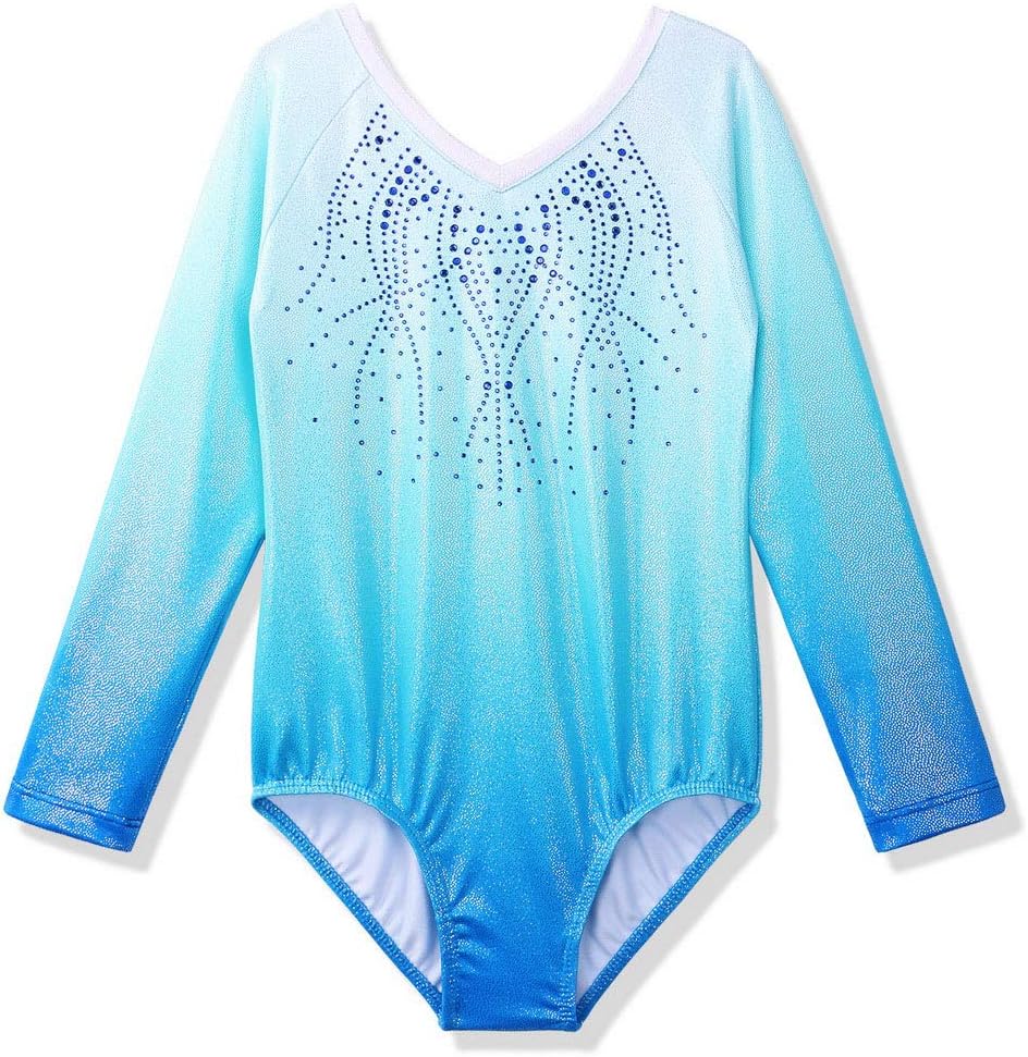 ZNYUNE Girls One Piece Blue Gradient Color Sparkle Leotard Dancing Ballet Gymnastics Athletic Leotards for Little Girl