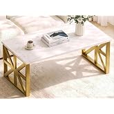 Coffee Tables for Living Room, Marble Coffee Table Modern White | Center Table, Marble Top, Rectangular Tea Tables with Sturdy Gold Metal Frame