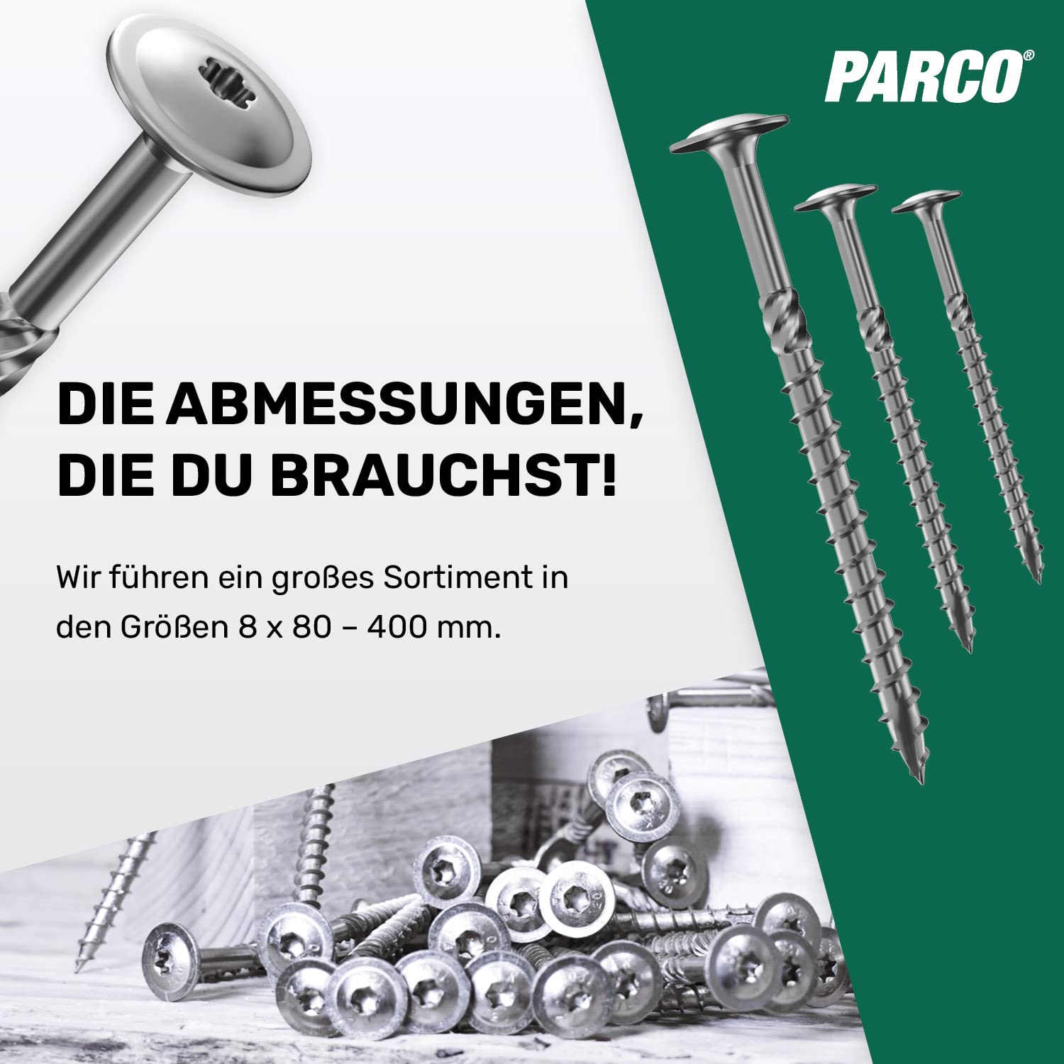 PARCO Tellerkopfschrauben, 100 Stück, 6x40 mm TX40 Verzinkt, CUT-Spitze, Holzbauschrauben für Konstruktionen, German Quality mit ETA Zulassung 6