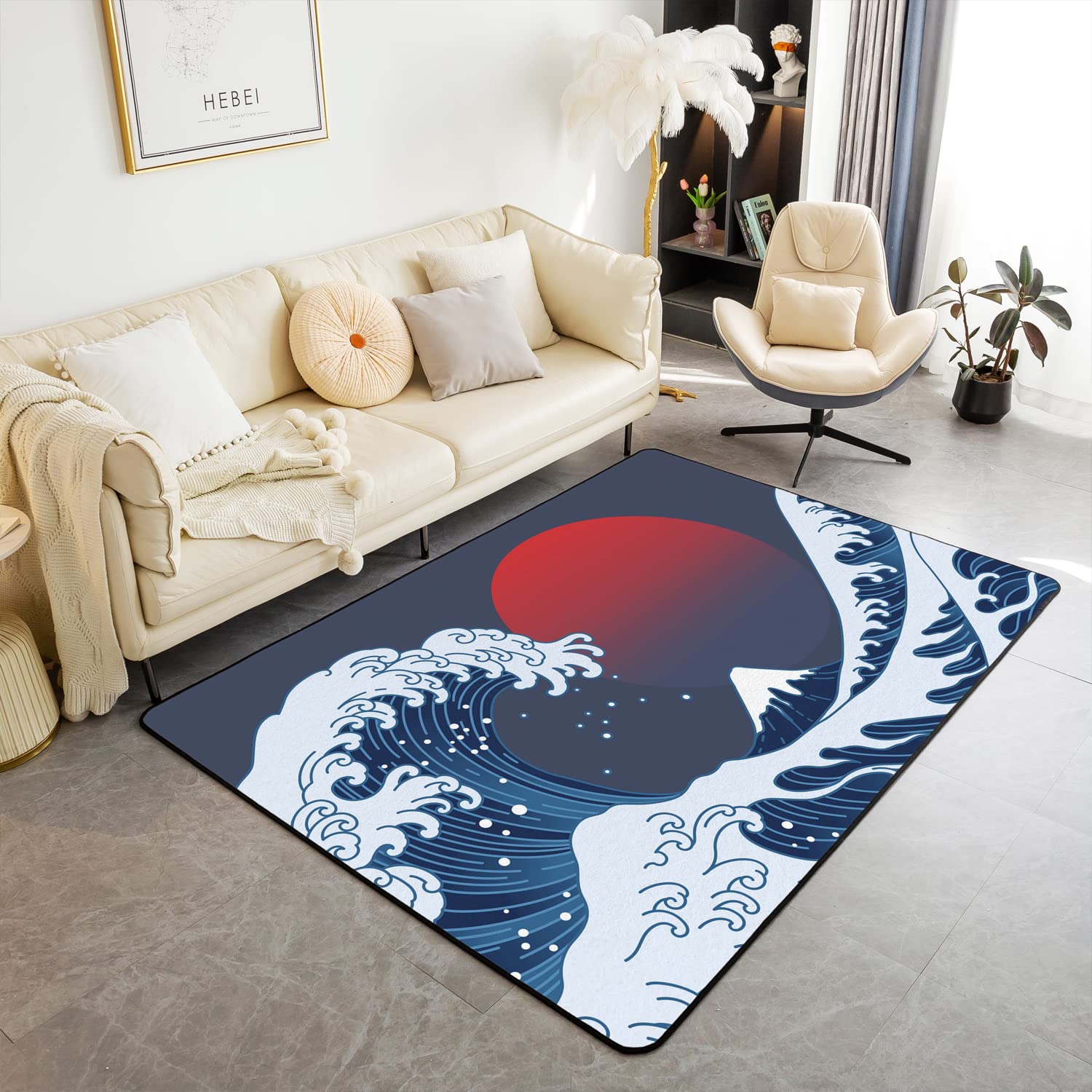 Loussiesd Japanese Wave Area Rug Square 100x150cm Ocean Wave Sunset Accent Rug Home Decor Sea Waves Indoor Floor Mat Sea Wave Theme Indoor Floor Mat Living Room Bedroom — image 1
