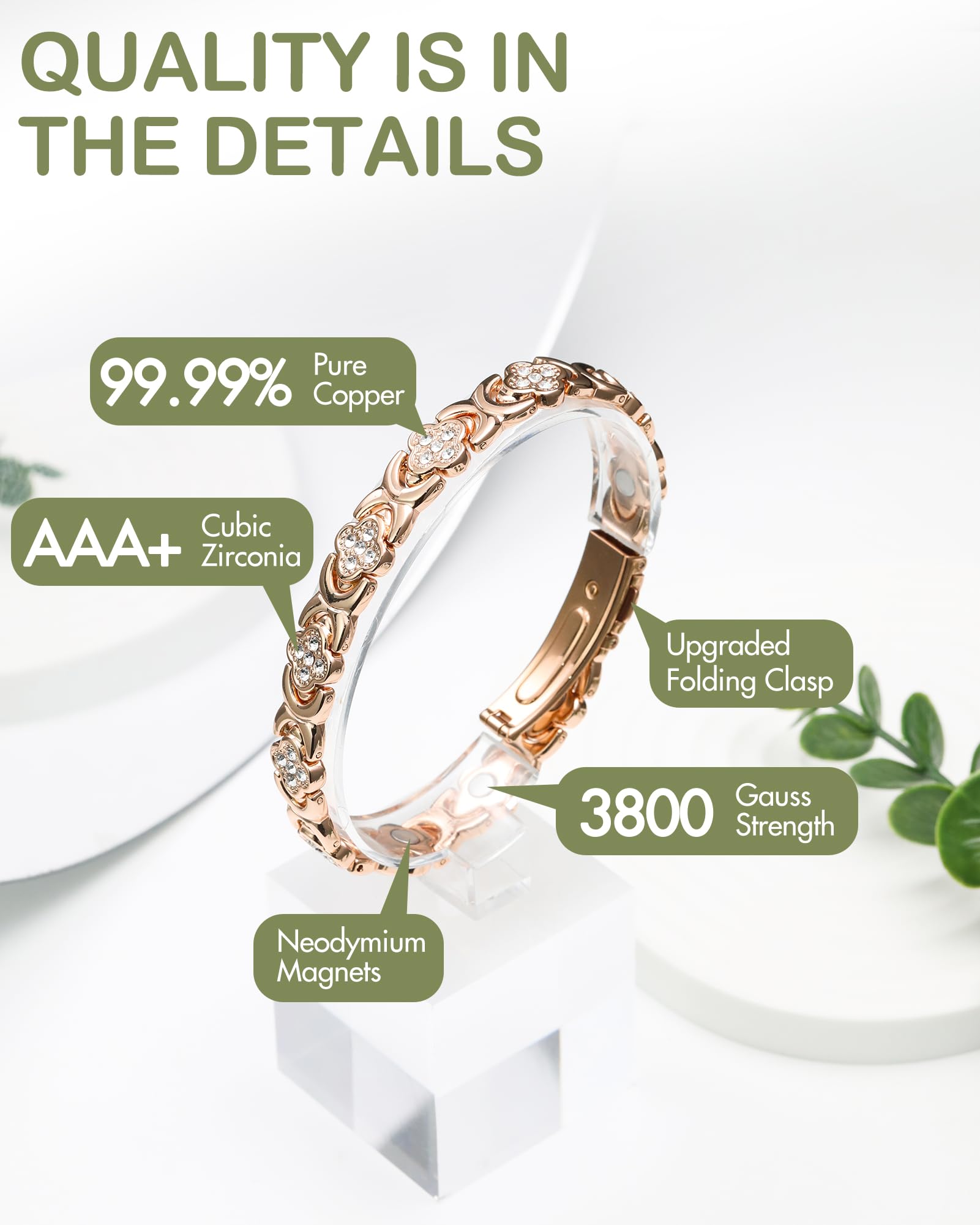 Feraco Pure Copper Bracelets for Women, Ultra Strength Magnetic Therapy Bracelet for Pain Relief with Neodymium Magnets & Sparkling Cubic Zirconia, Adjustable, Infinite Clover Jewelry