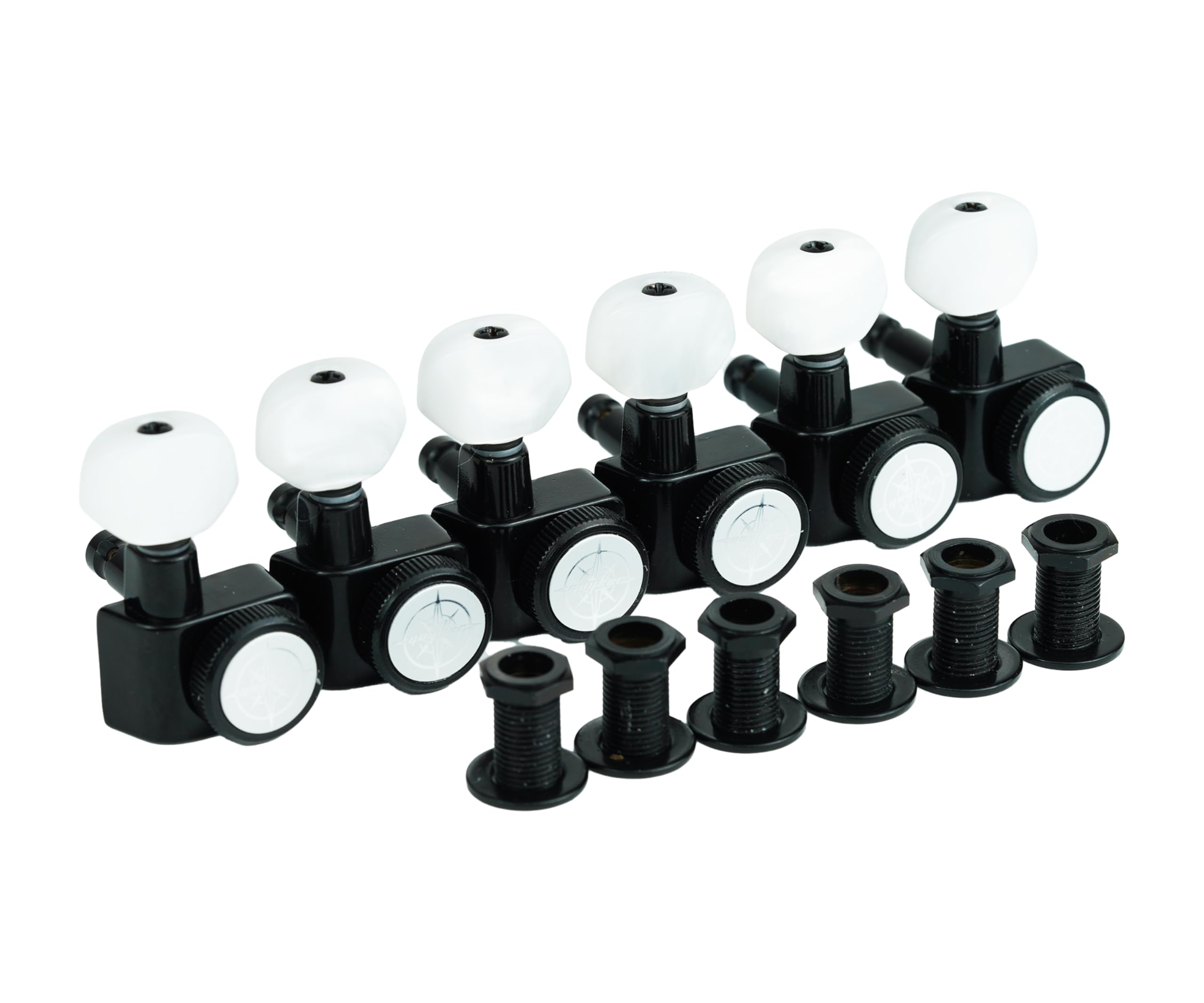 Guyker 6 In-line Guitar Locking Tuners – 1:18 Lock String Tuning Key Pegs Machine Heads for Folk Classical Acoustic Electric Guitar – Pearl Buttons, Black