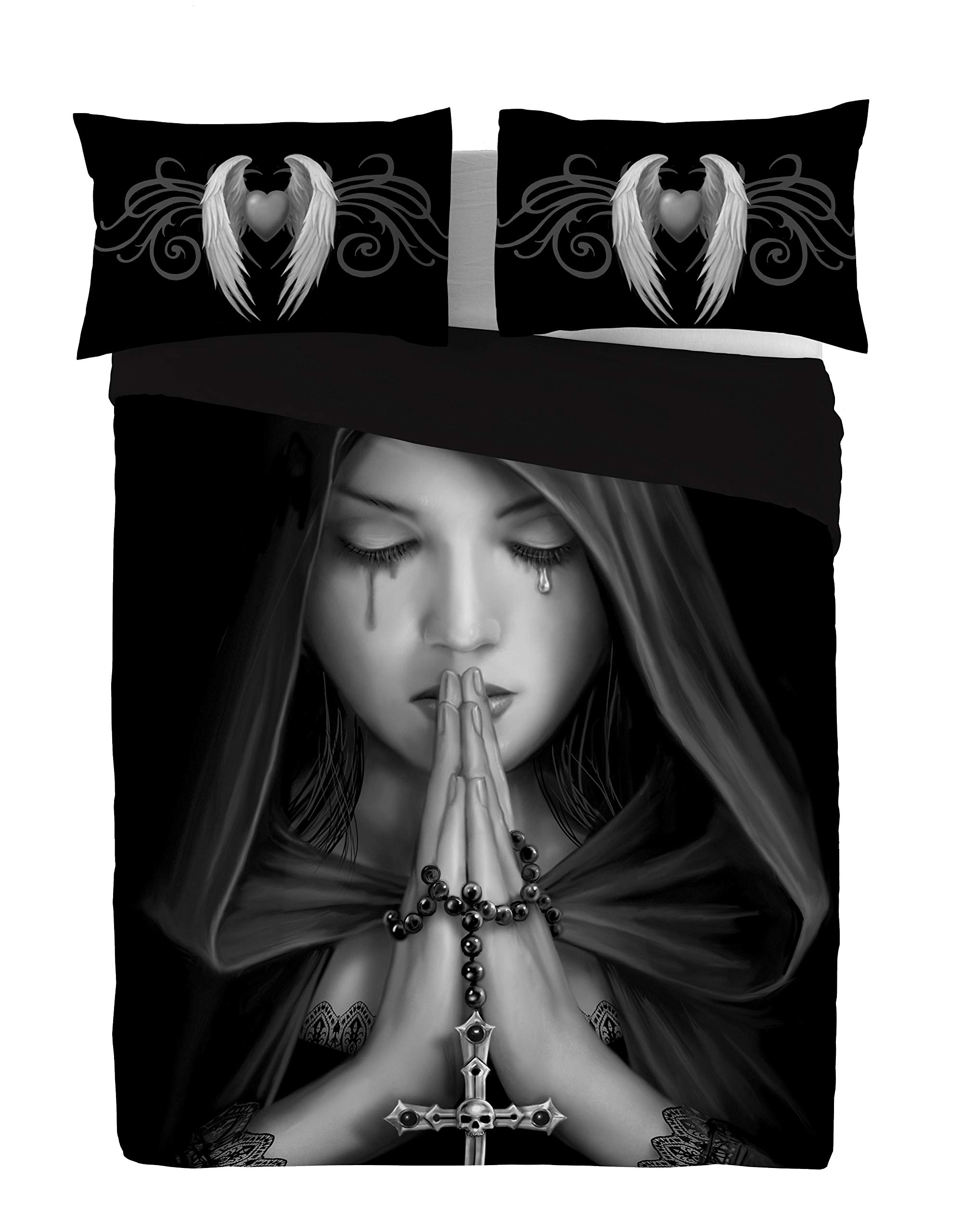 Goth Prayer Duvet Covers Set with Pillowcases for Superking Bed, Gothic Home Decor, Alternative Dark Fantasy Bedding, Artwork by Anne Stokes