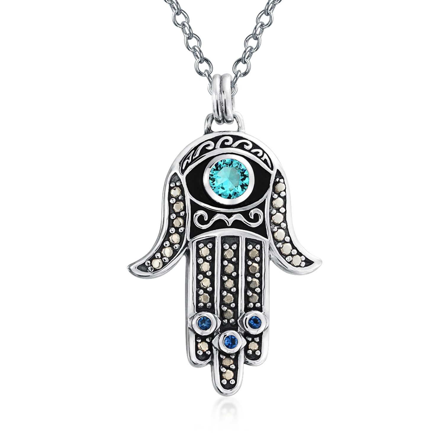 Bling Jewelry Large Yoga Cubic Zirconia Blue CZ Amulet Talisman Evil Eye Hamsa Hand Of God Star Of David Pendant Necklace For Women For Teen Black Oxidized .925 Sterling Silver
