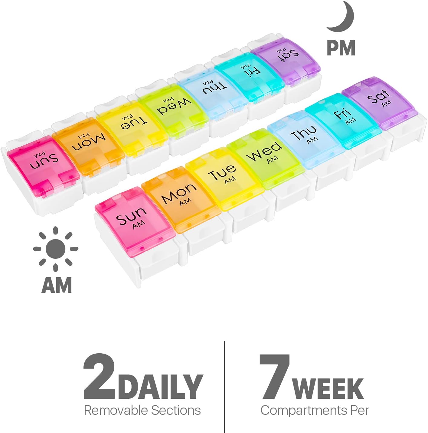 Flexzion AM PM Weekly Pill Organizer Box w/Push Button Design, Portable Color Coded Pill Tablet Vitamin Dispensers Reminders, 14 Compartment Slots Travel Medication Storage Case for Morning & Night: Health & Personal Care