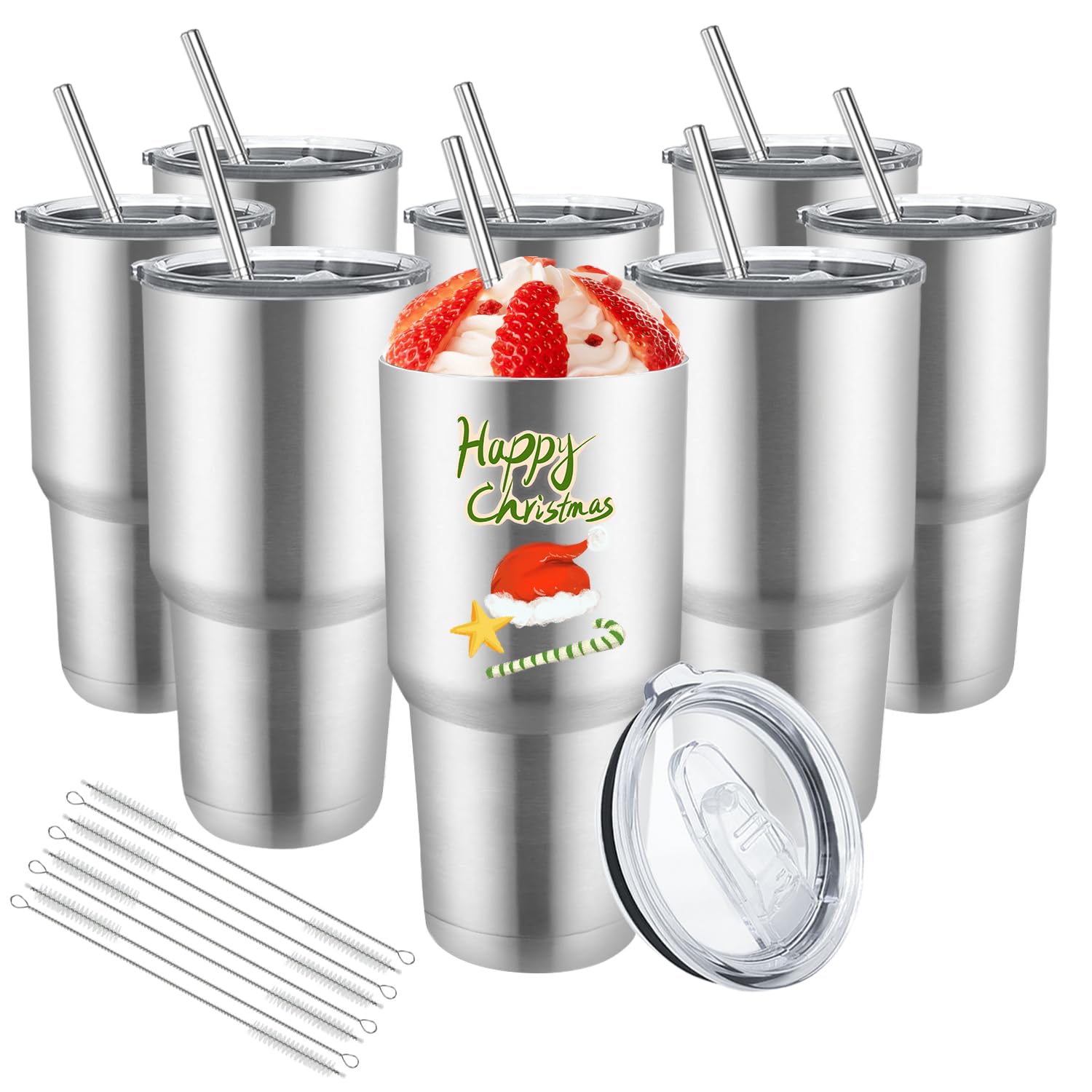 Photo 1 of YOUKE OLA 8 Pack Stainless Steel Insulated Tumbler with Lids and Straws Bulk Double Wall Vacuum Insulated Coffee Travel Tumbler for DIY Gift (Silver, 30oz)