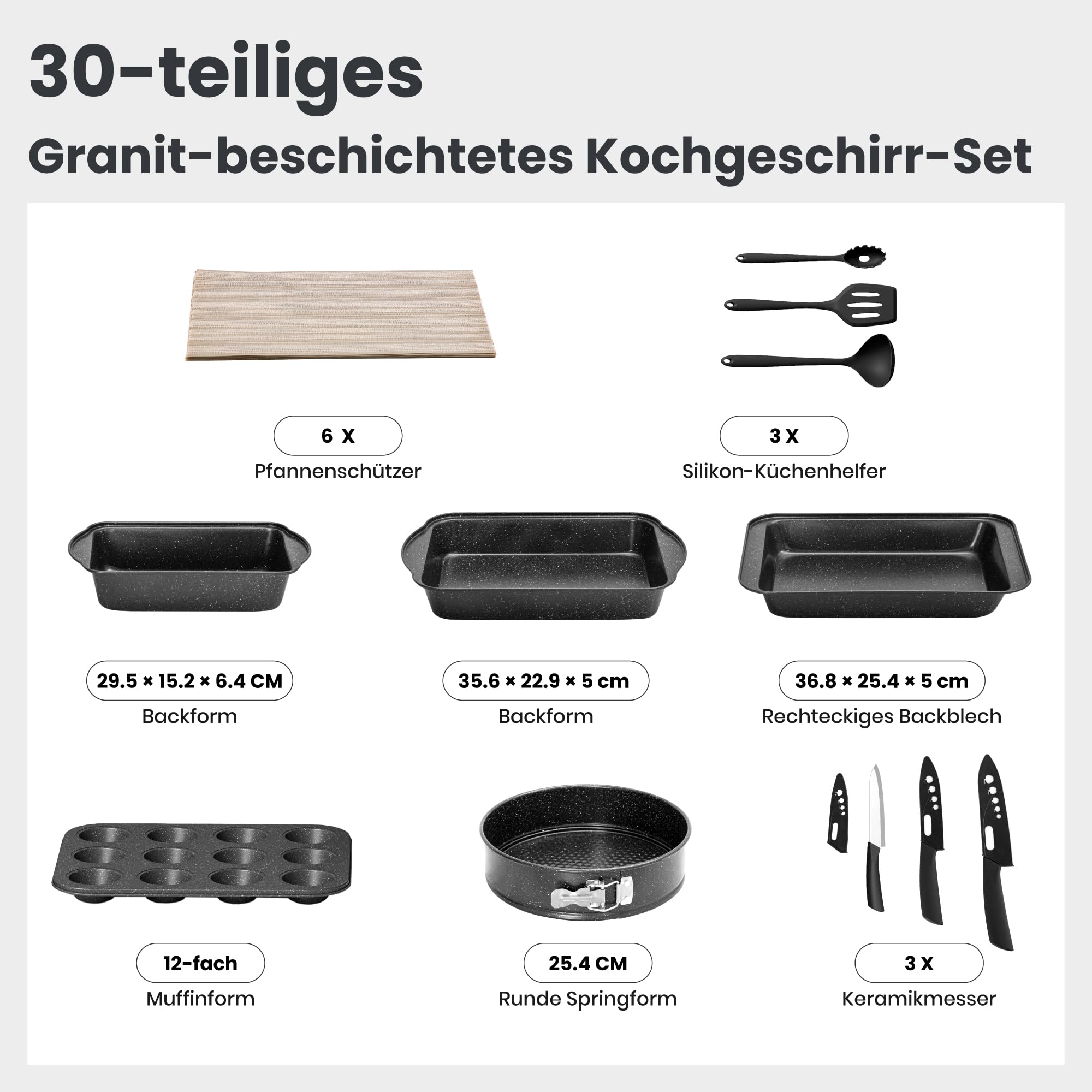 DishDelight Induktions-Kochgeschirr-Set mit Grillplatte 30-teiliges Induktions Töpfe Set Topf und Pfannenset mit Deckel Granit Antihaftbeshichtung Topfset Kochtopf 3