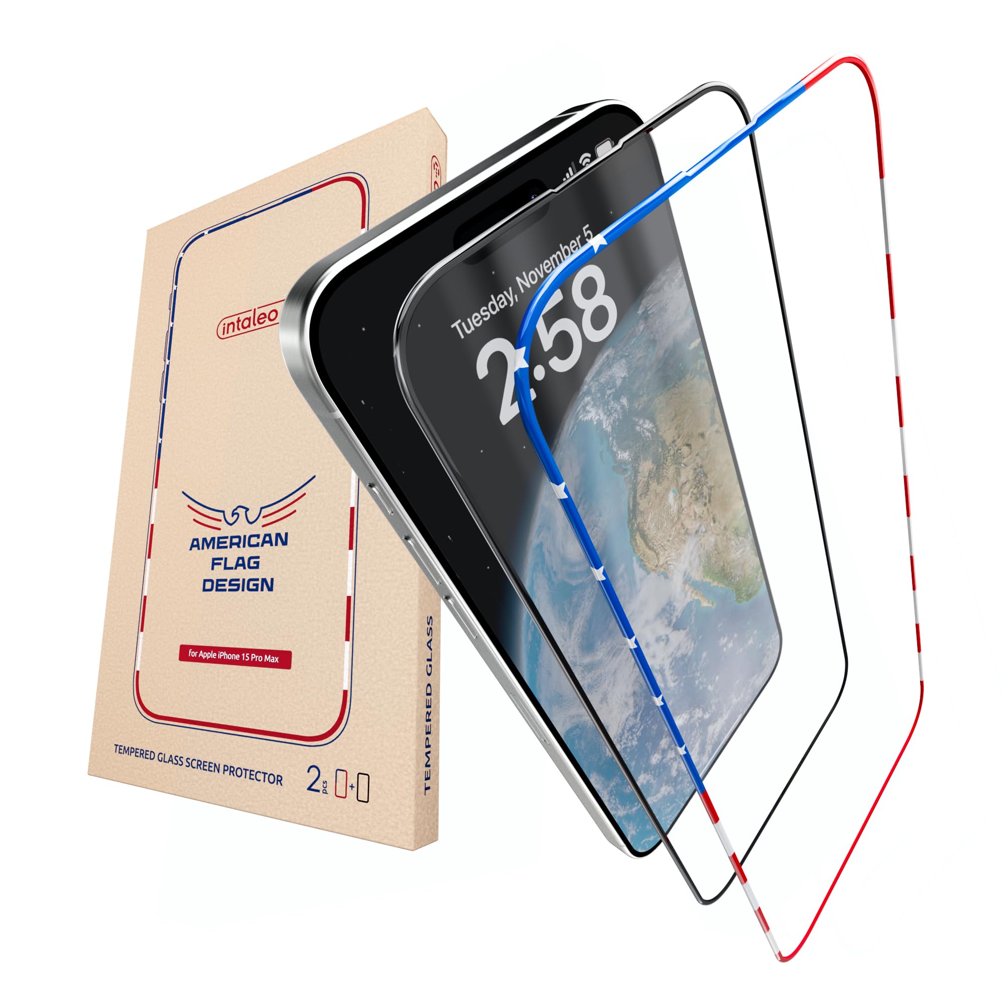 Photo 1 of Intaleo Screen Protector for iPhone 15 Pro Max - 2 Pack (USA Flag & Black) - Tempered Glass for Iphone 15 Pro Max 9H Hardness - Easy Installation, Oleophobic Coating
