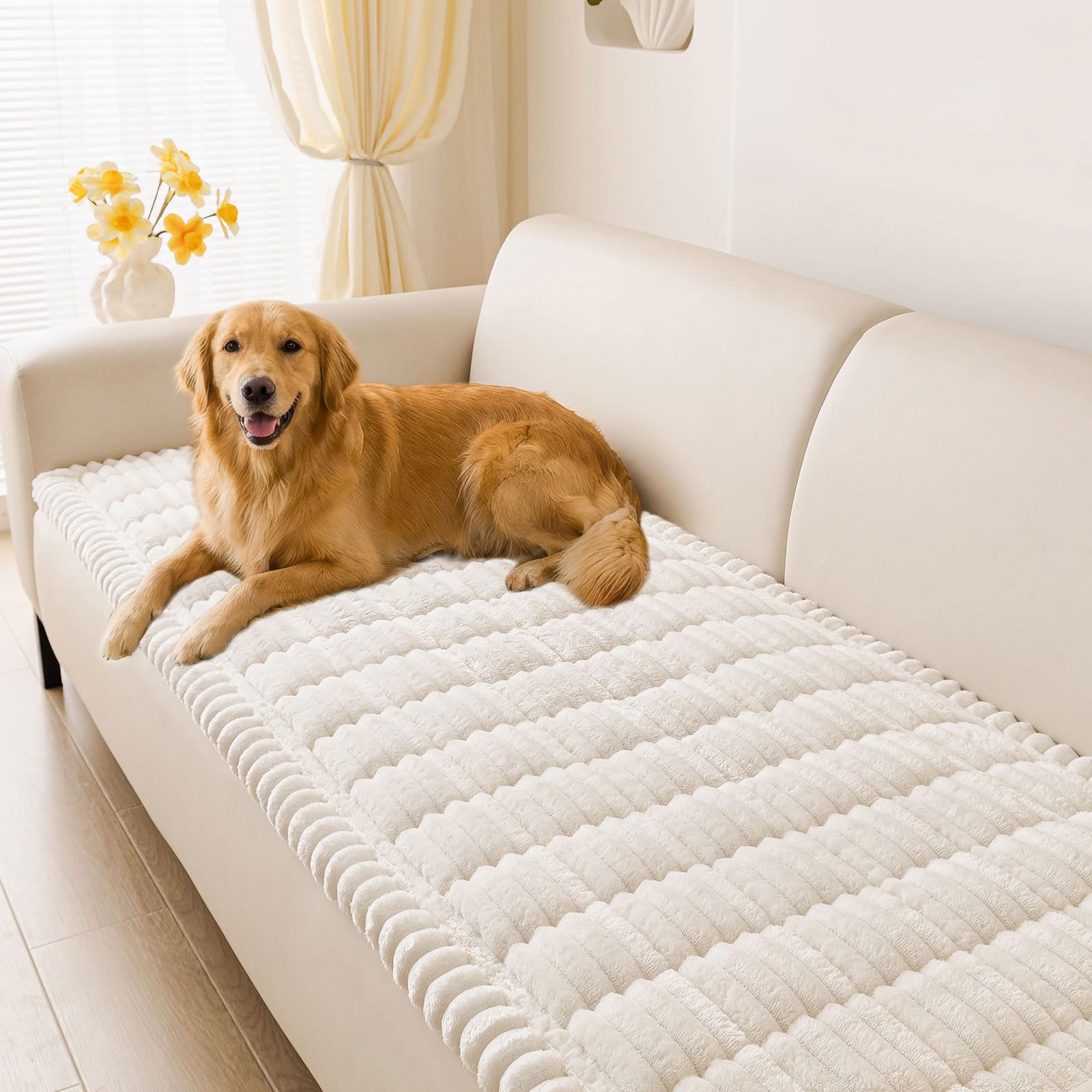 Photo 1 of hyha Couch Covers for Dogs Washable, Non Slip Plush Dog Sofa Protectors, Fuzzy Pet Couch Covers for 3 Cushion Sofa Pet Friendly (White, 27.6" x 70.9")