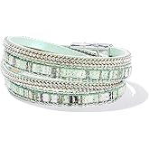 FANCY SHINY Boho Leather Wrap Bracelet Stackable Crystal Rhinestone Bangle Cuff with Magnetic Clasp Trendy Bohemian Jewelry for Women
