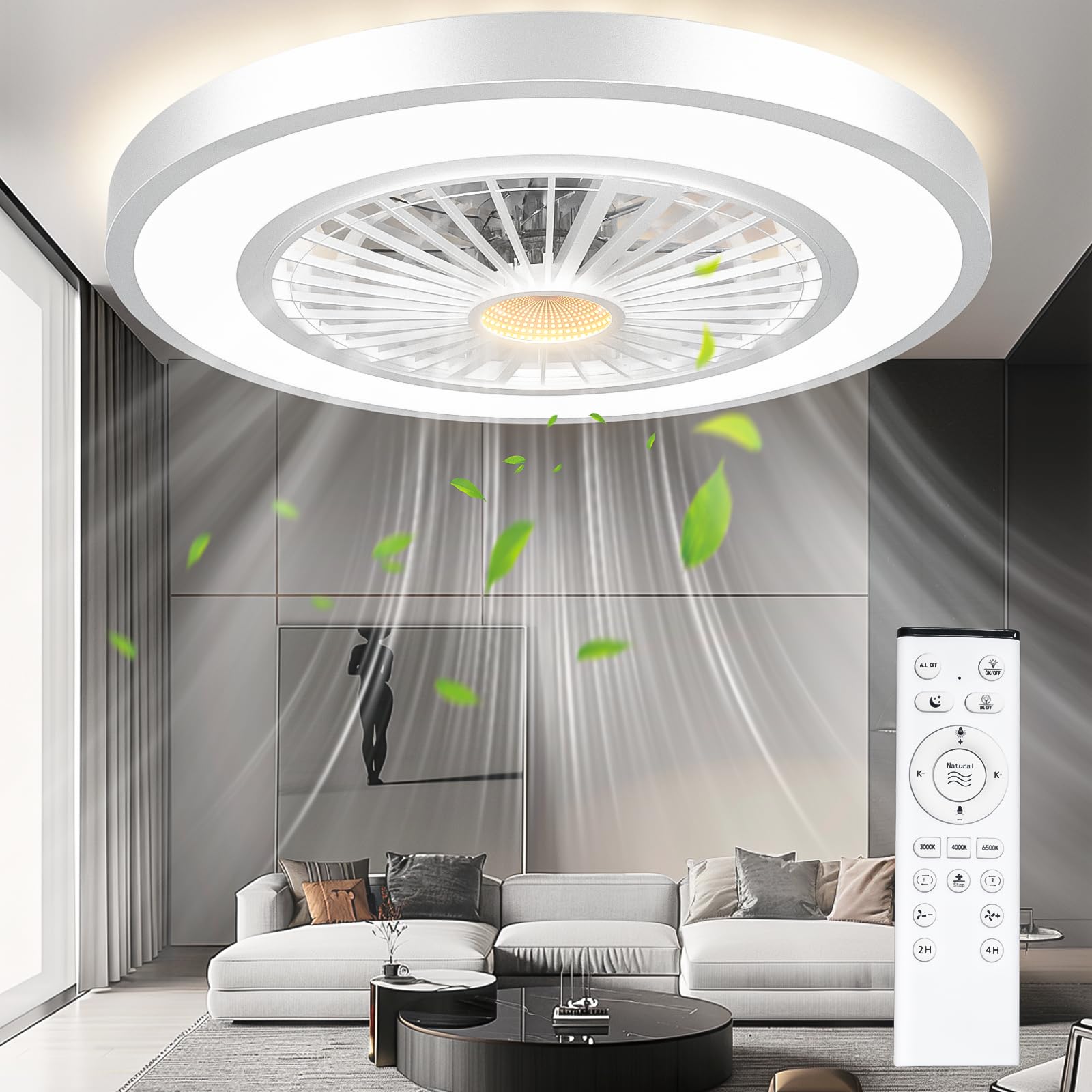 Photo 1 of 22'' Ceiling Fans with Lights and Remote, Stepless Dimmable Ceiling Fans with Night Light, 3000-6500K Color Temperature Celing Fan with Light Flush Mount with 6 Speeds, White
