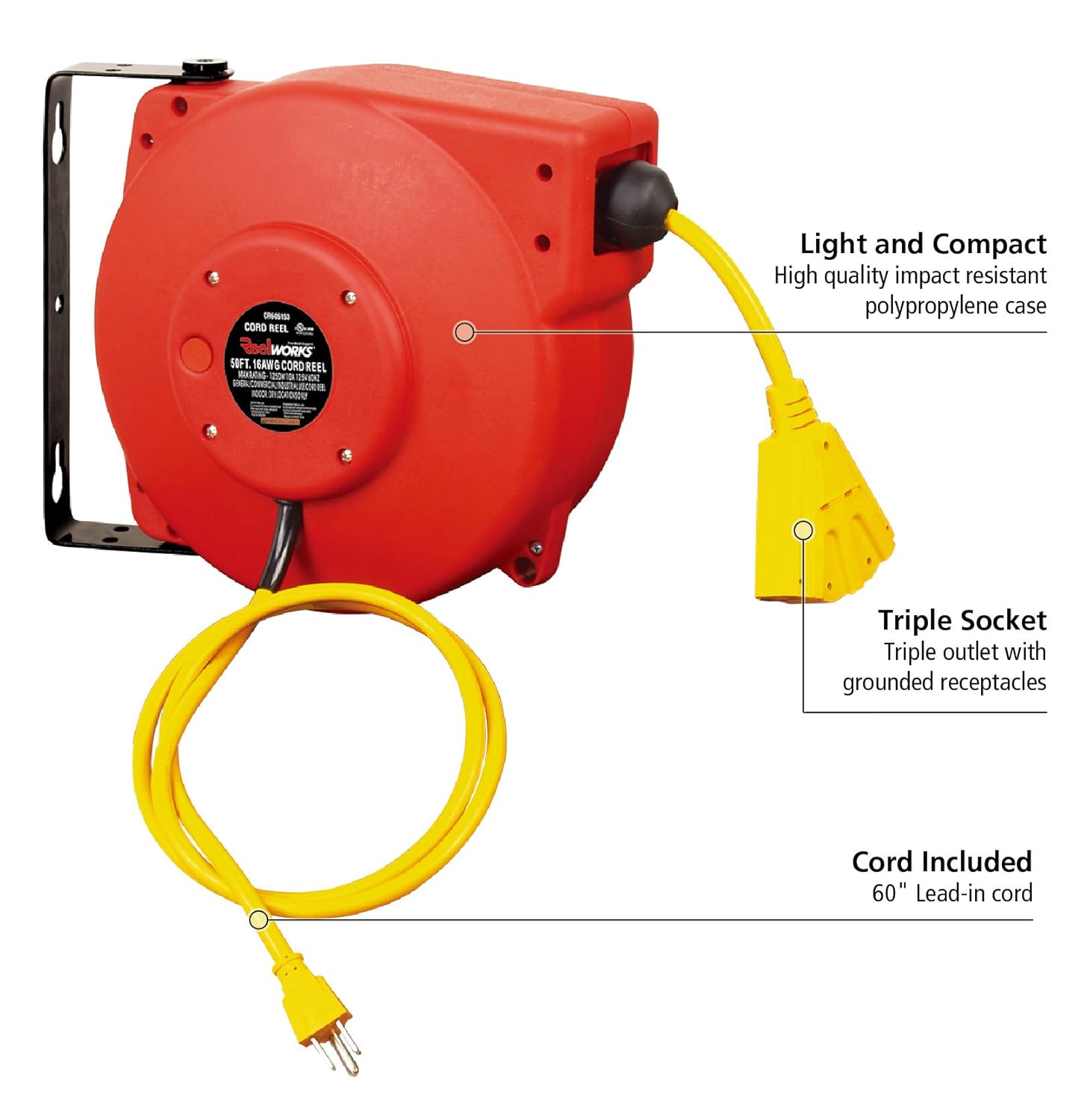 ReelWorks Heavy Duty Extension Cord Reel With Swivel Bracket Intradin CR605132S3A 14AWG/3C SJT